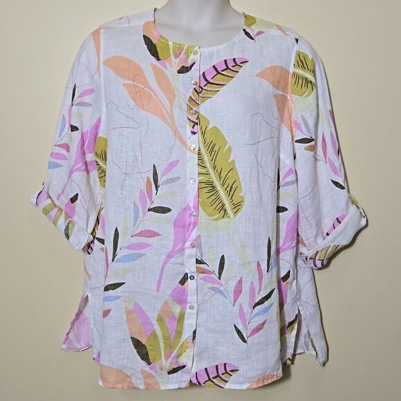 Cynthia Rowley Linen Tropical Roll Sleeve Button Front Top 1X Coastal grandma - Picture 1 of 13